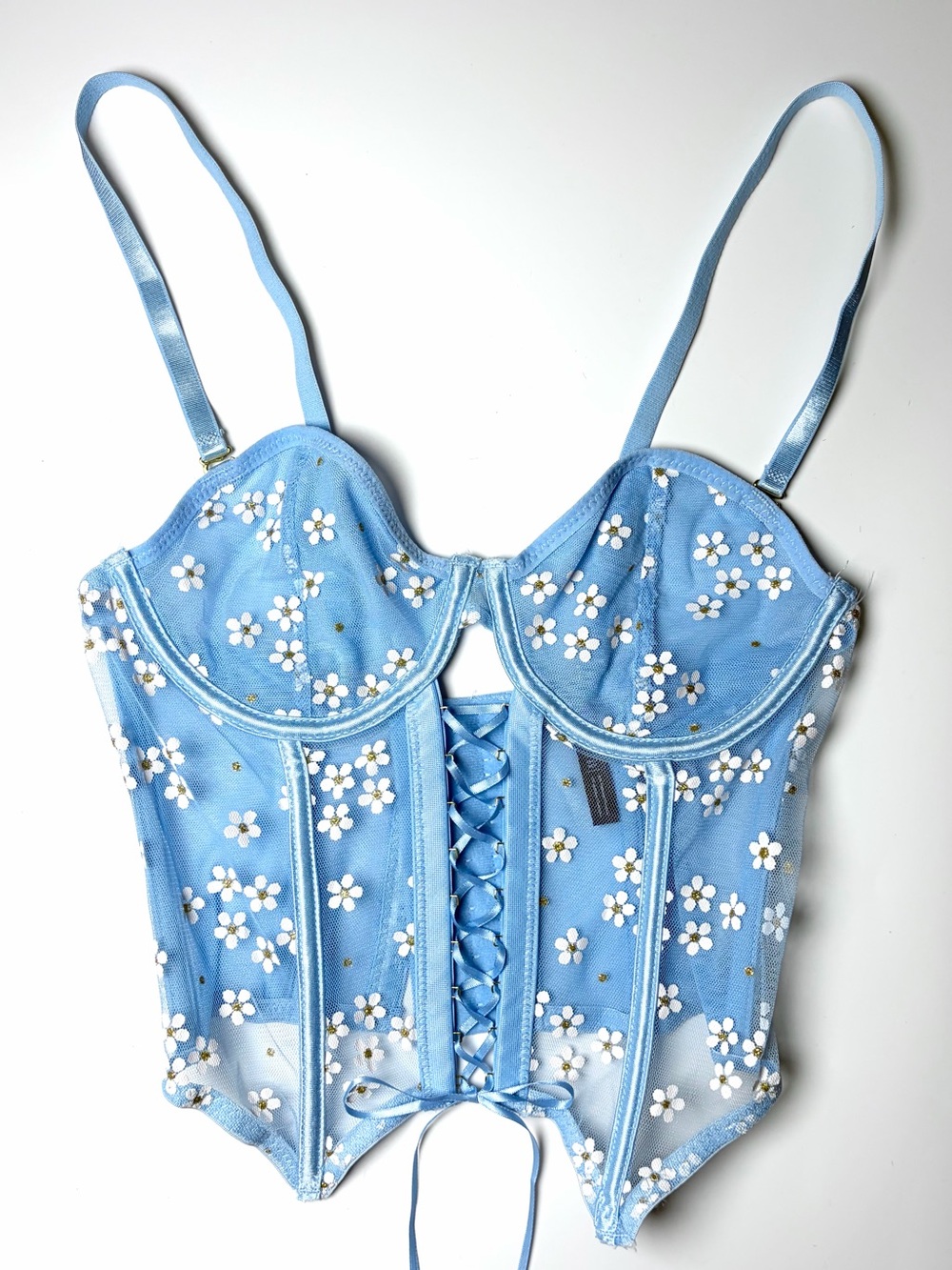 Lace Fairycore Romantic Corset Bustier Cami Top Size Small Blue Daisy Floral